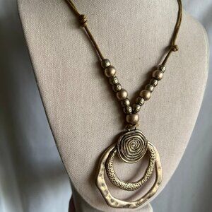 Erica Lyons Gold Tone Boho Style Statement Costume Tan Brown Cord Necklace